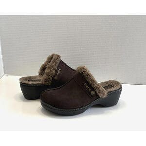 CROCS Cobbler Mules Women's 8 Brown Suede Faux Fur Lined Heeled Clogs Slip-On